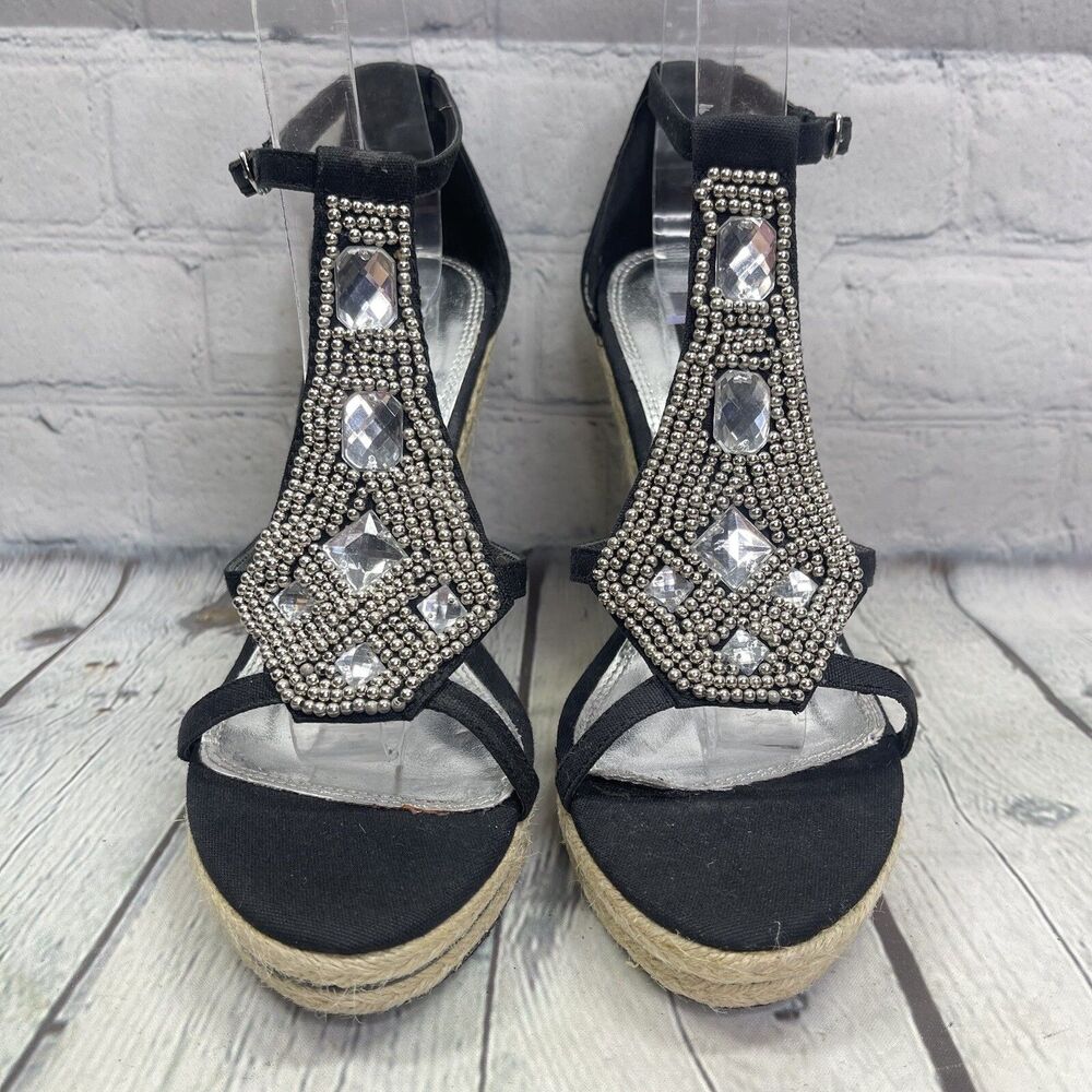 WHBM Black Wedges Rhinestone T Strap Women Size 7 Elegant Vacation Resort Chic - Picture 5 of 14